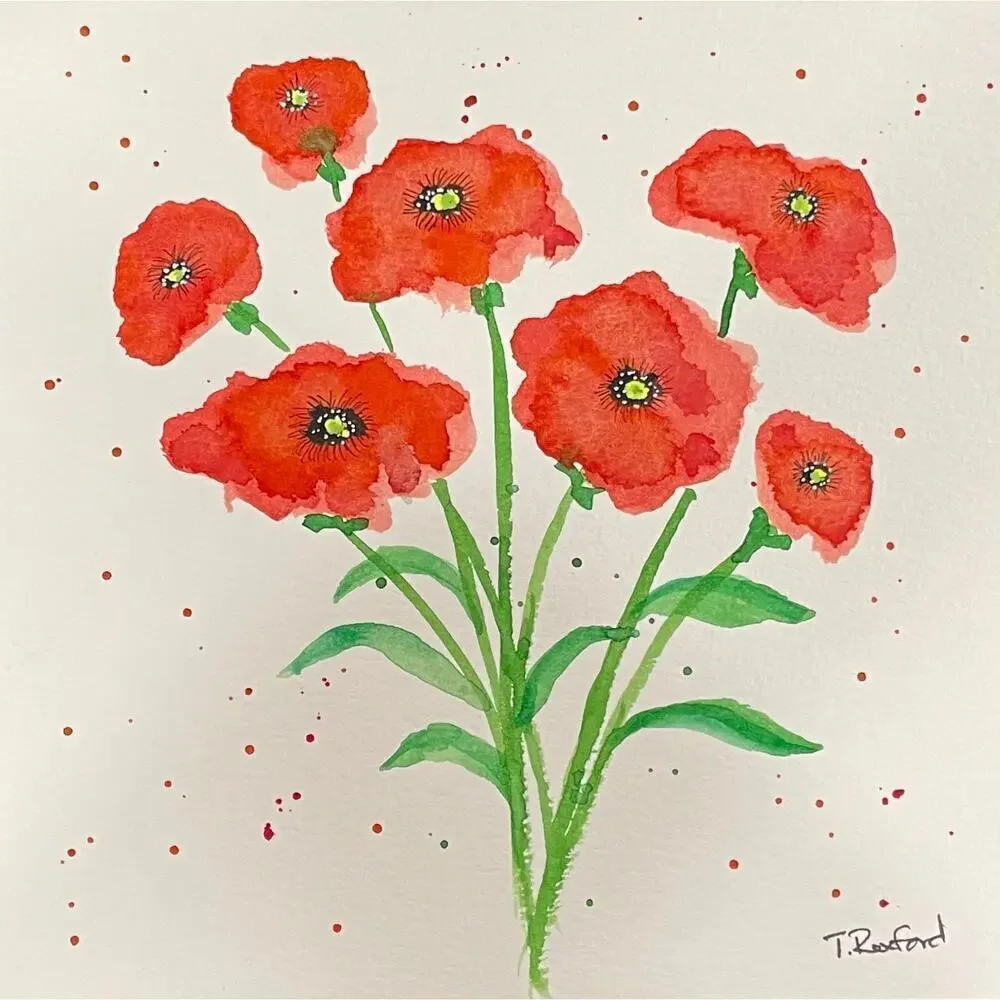 Hand painted watercolor original painting red poppy flowers
